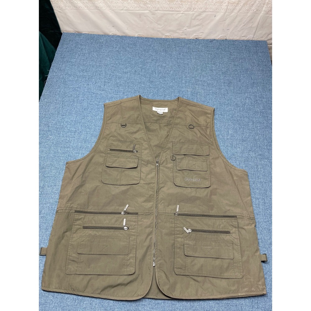 OlympinA Mens 5XL Utility Fishing Vest Olive Green Multi Pocket Full Zip Outdoor